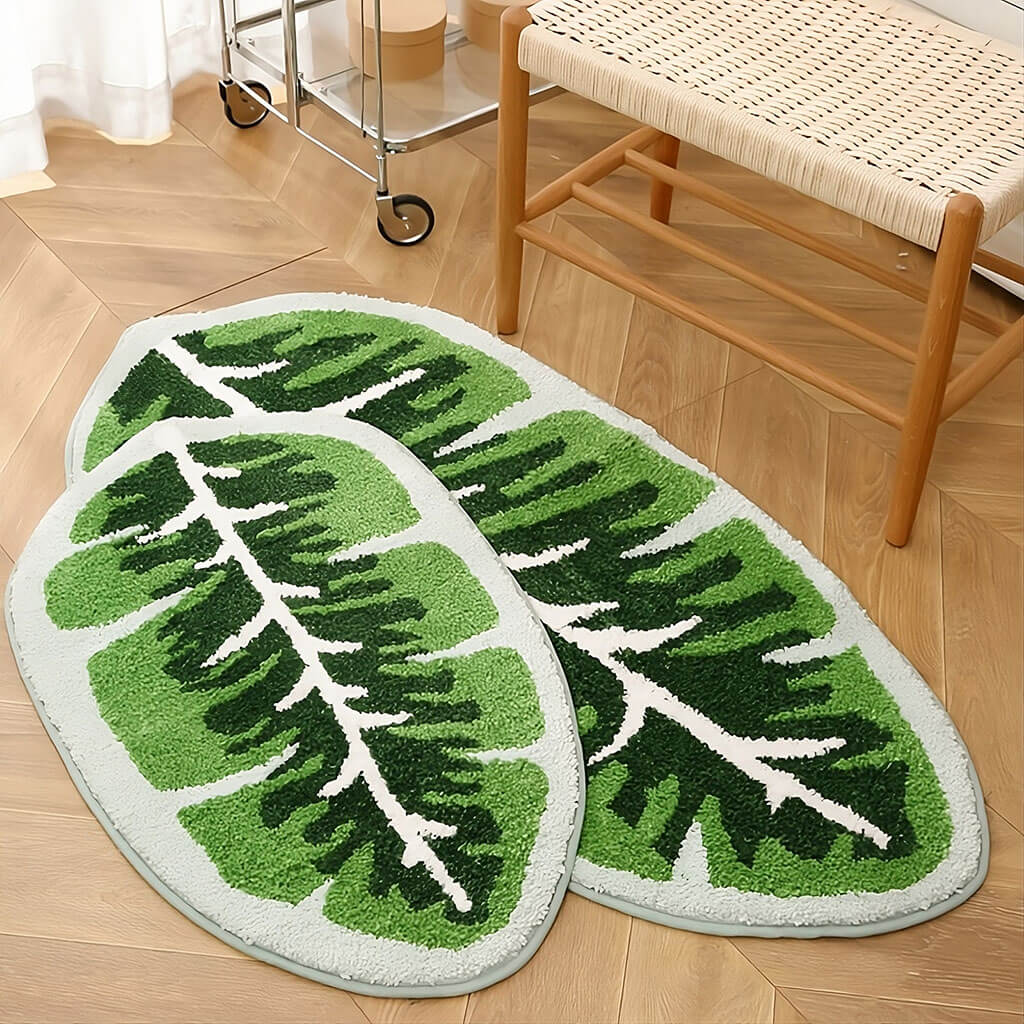 Tropical Leaves Tufted Accent Rug — Soft Accent Rug for Bedroom Layering — Lifestyle 1