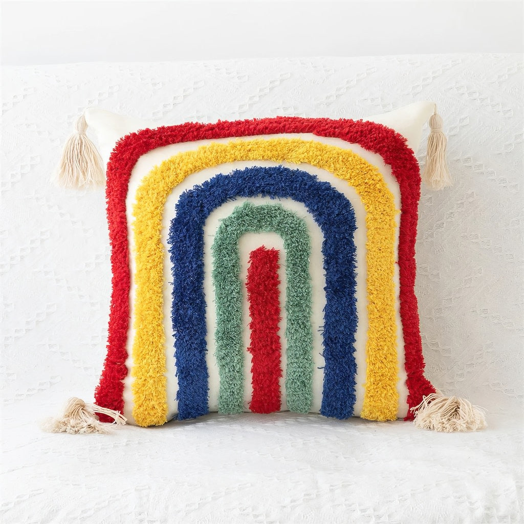 Tufted Rainbow Cushion Cover — Hand-Tufted Arc for Bright Bedroom Layering — Lifestyle 1