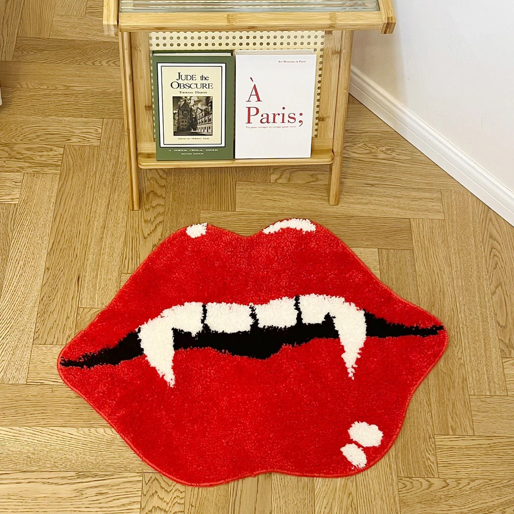 Red Vampire Lips Tufted Accent Rug — Soft Accent Rug for Bedroom Layering — Lifestyle 1