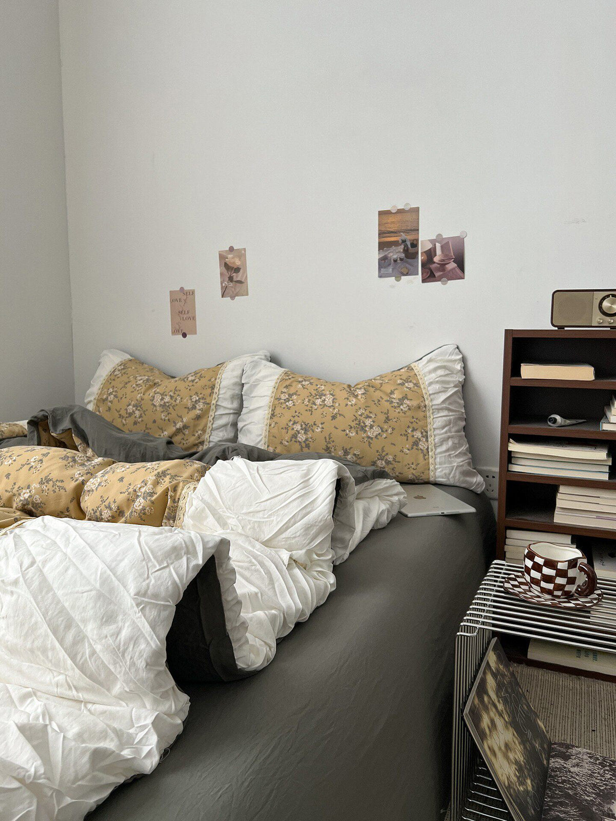 Golden Floral Lace-Trim Bedding Set — Cotton-Blend Duvet Cover for a Cottagecore Bedroom — Front view