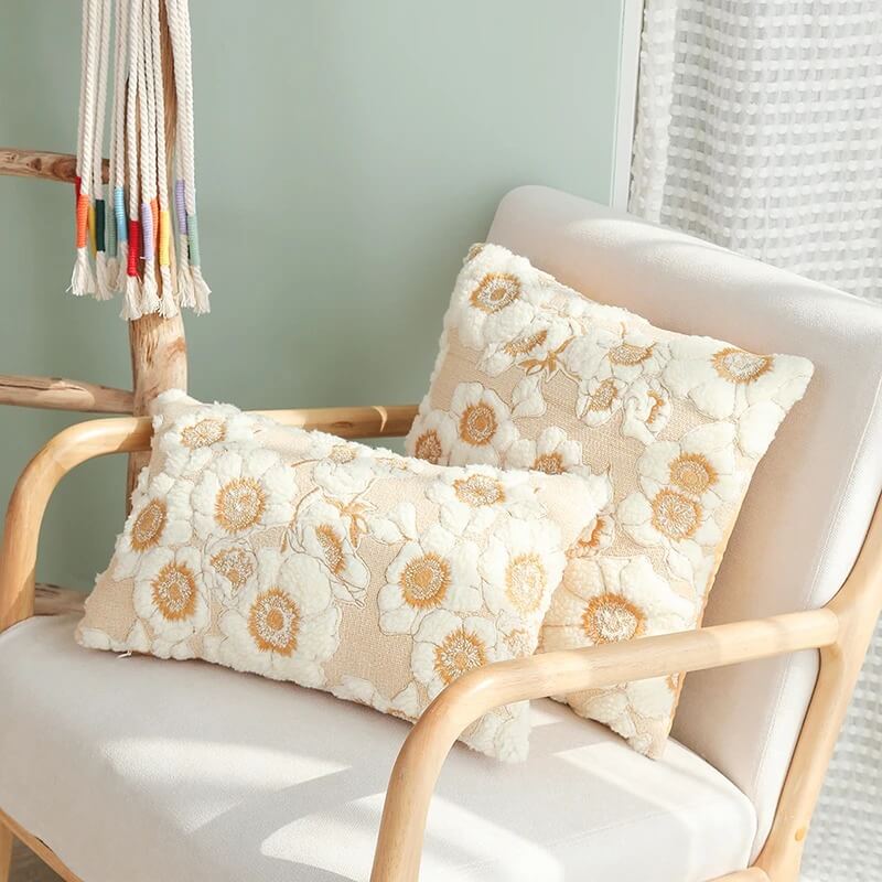 Vintage Embroidered Flowers Cushion Cover — Soft Textured Pillow for Bedroom Layering