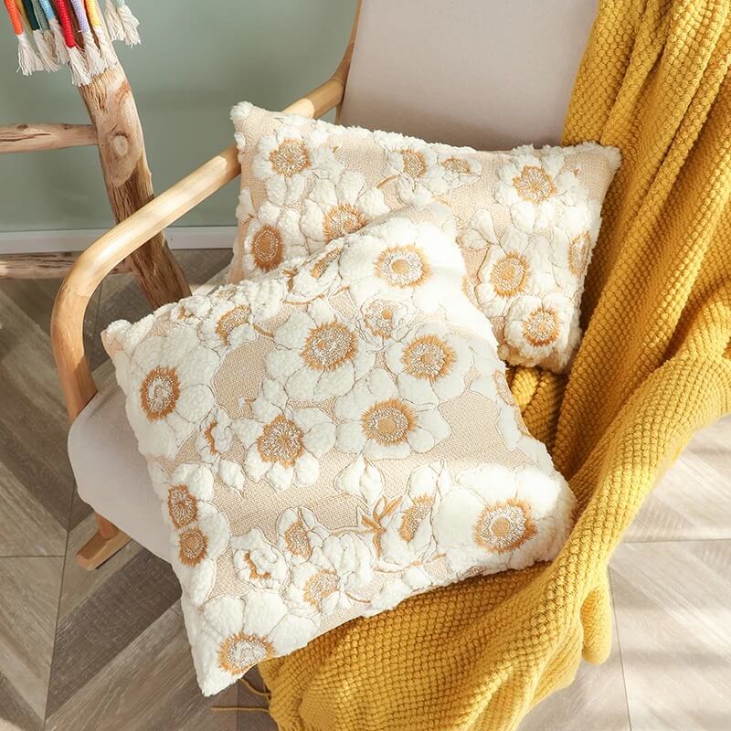 Vintage Embroidered Flowers Cushion Cover — Soft Textured Pillow for Bedroom Layering