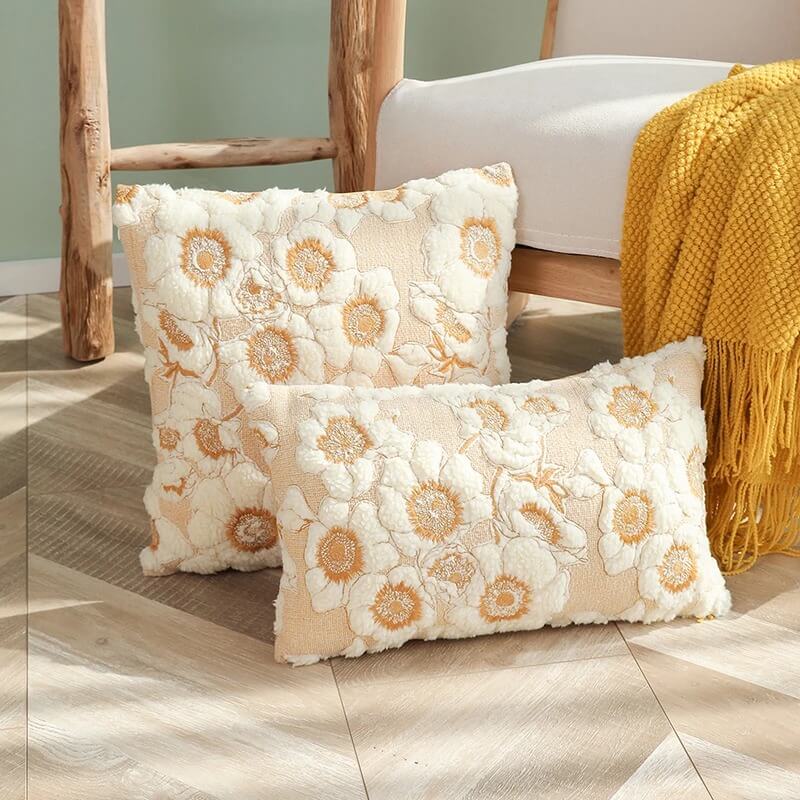 Vintage Embroidered Flowers Cushion Cover — Soft Textured Pillow for Bedroom Layering