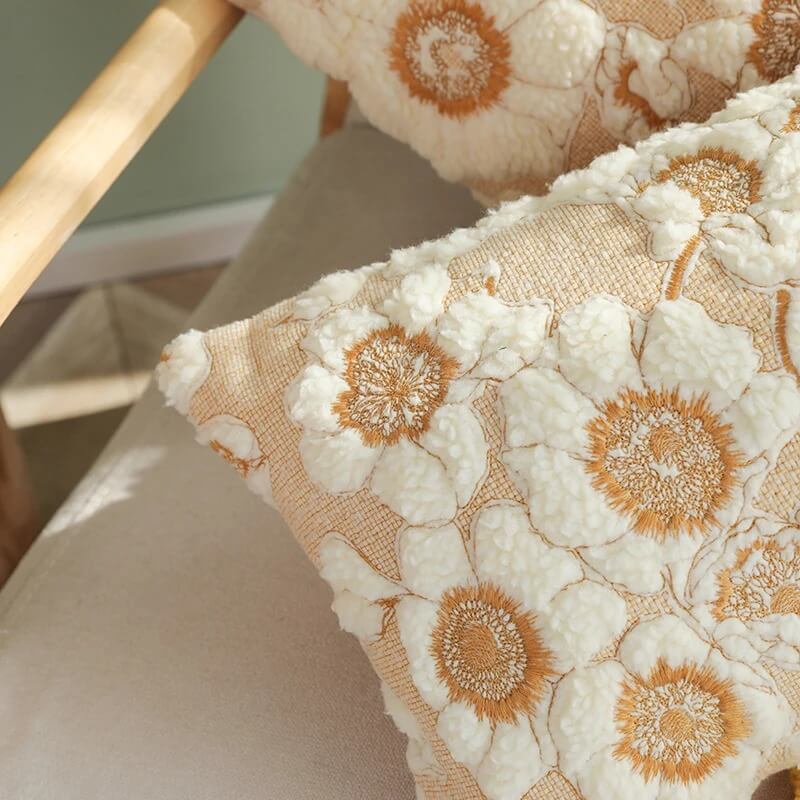 Vintage Embroidered Flowers Cushion Cover — Soft Textured Pillow for Bedroom Layering