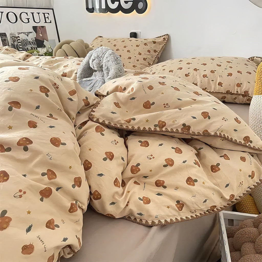 Vintage Forest Mushrooms Fall Bedding Set — Soft-Touch Cotton Duvet & Pillowcases — Front view