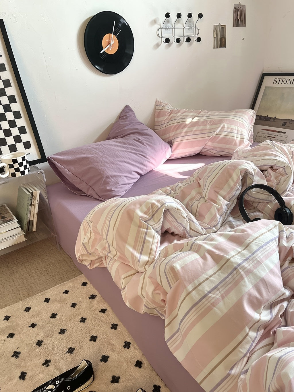 Vintage Pastel Pink Stripes Bedding Set — Soft-Touch Cotton Duvet & Pillowcases — Front view