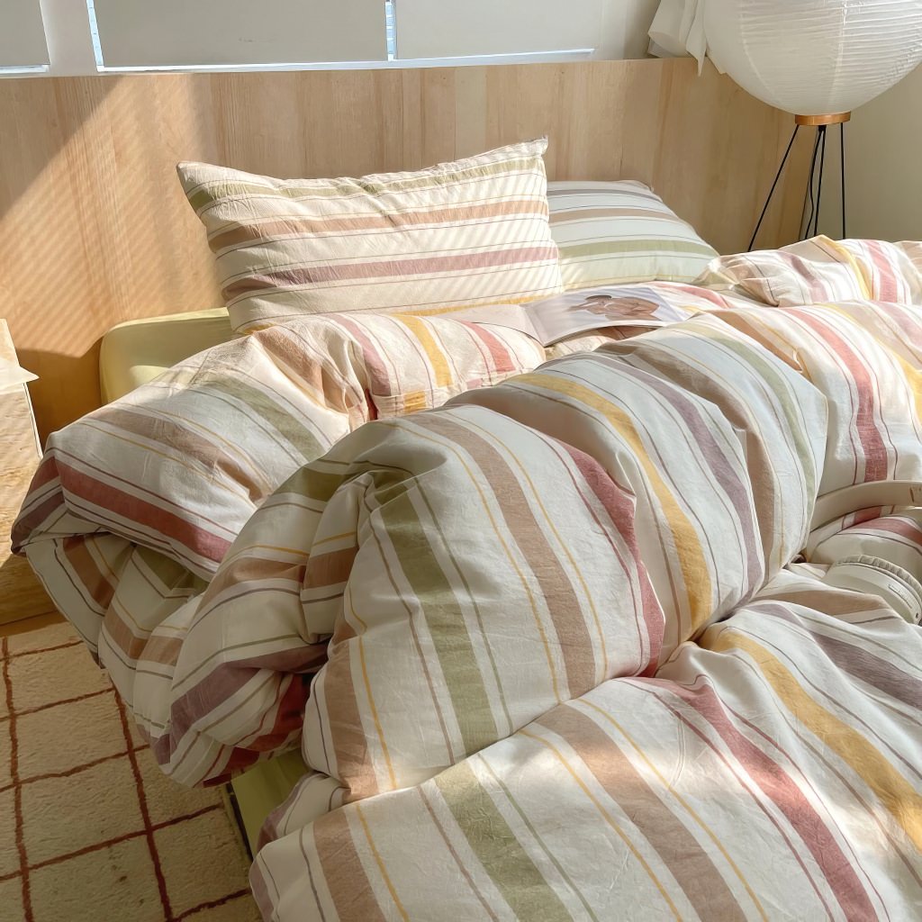 Vintage Pastel Striped Cotton Bedding Set — Front view