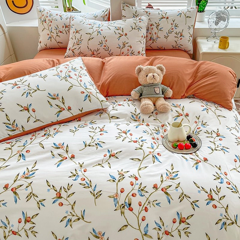 Vintage Red Berries Print Bedding Set — Soft-Touch Cotton Duvet & Pillowcases — Front view