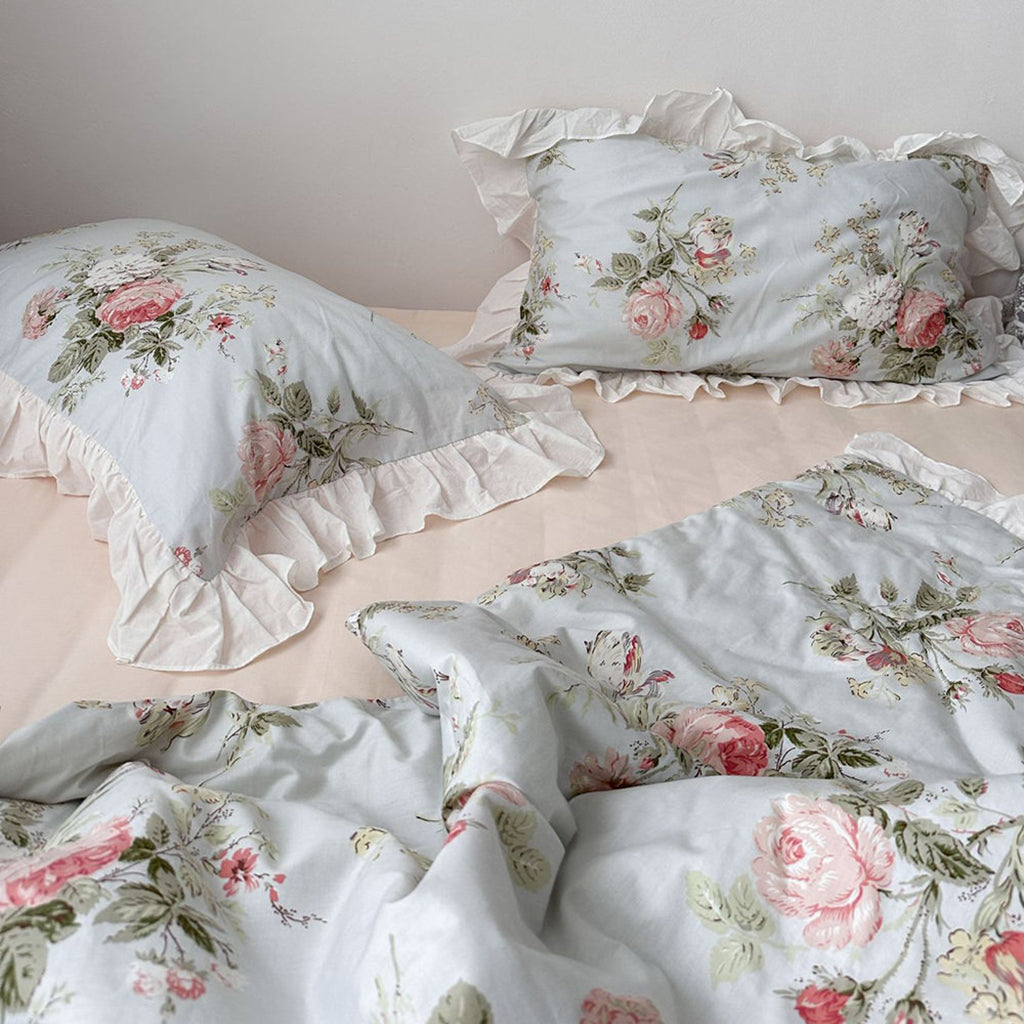 Vintage Sky Blue Cottage Roses Ruffle Summer Comforter Set — Soft-Touch Cotton Duvet & Pillowcases — Front view