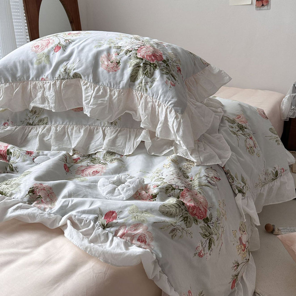 Vintage Sky Blue Cottage Roses Ruffle Summer Comforter Set — Soft-Touch Cotton Duvet & Pillowcases — Lifestyle 1