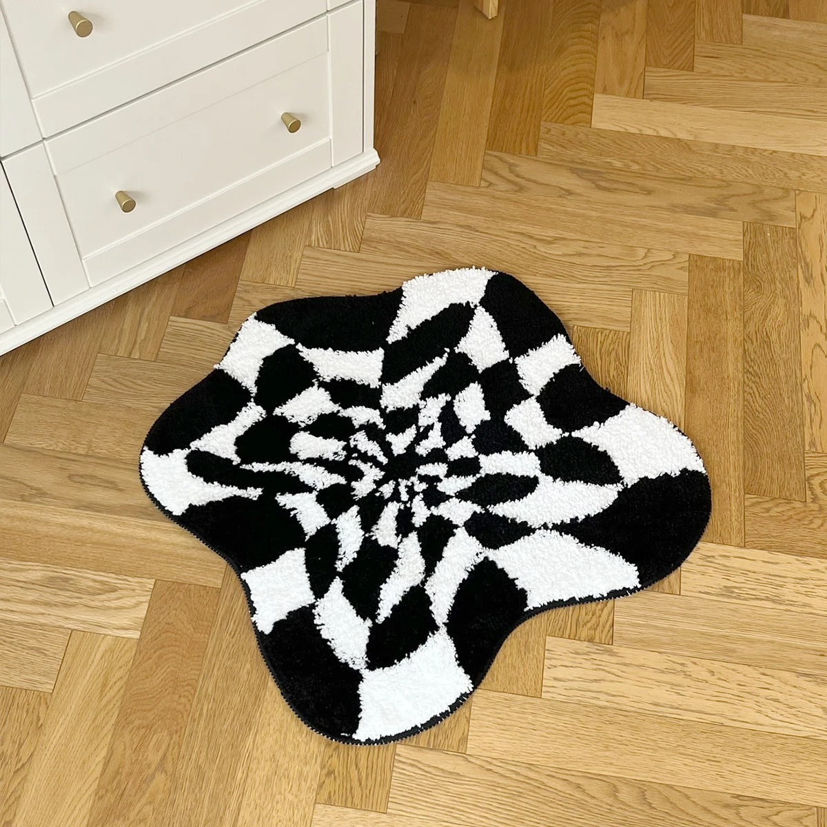 Wavy Checkered Black & White Optical Illusion Rug — Soft Accent Rug for Bedroom Layering — Detail