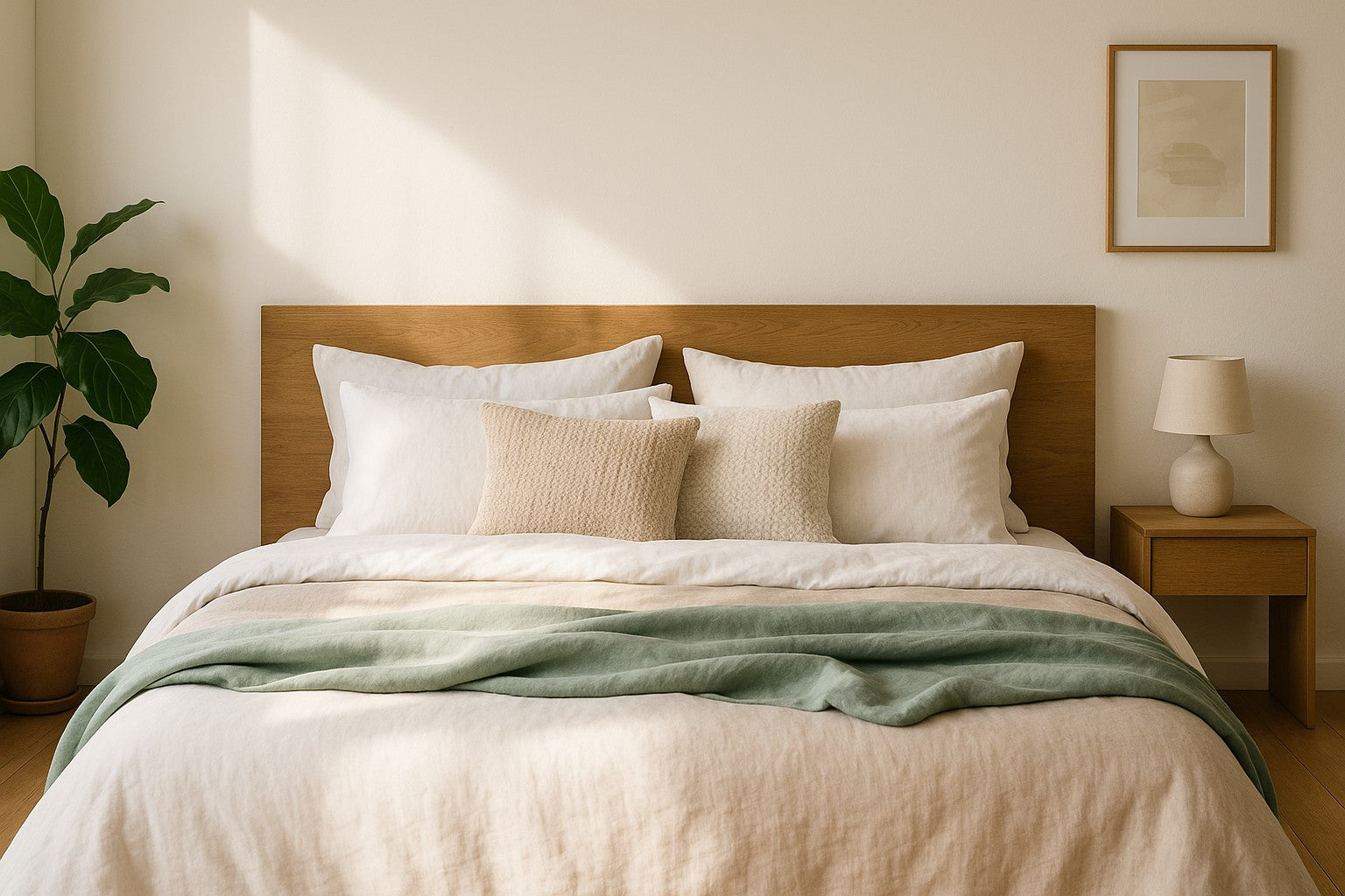 Bright, warm styled bedroom with white linen and a sage throw — Wellnarra