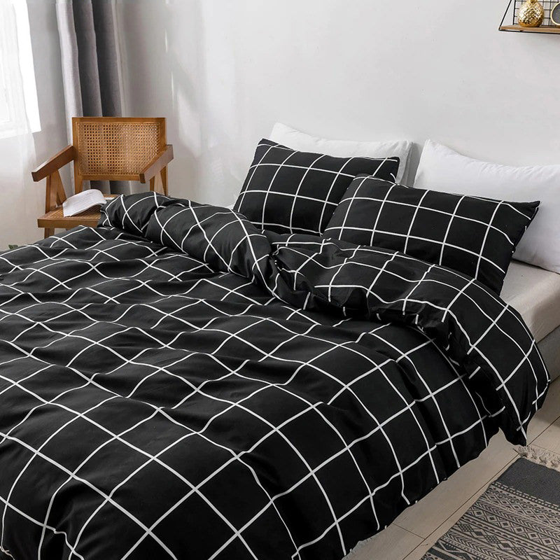 White on Black Grid Bedding Set — Soft-Touch Cotton Duvet & Pillowcases — Lifestyle 1