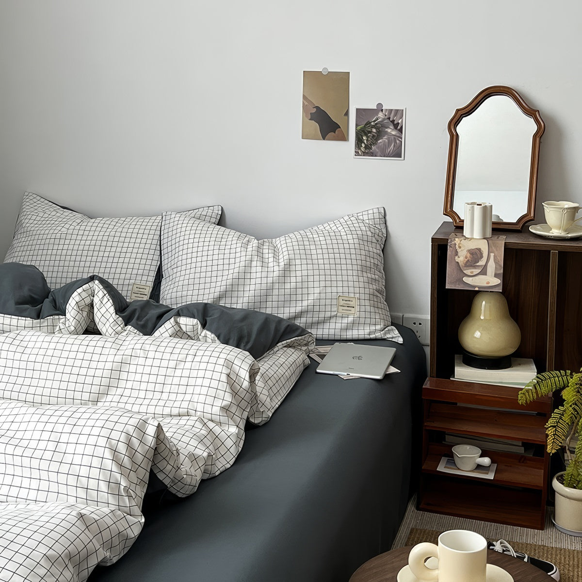 Minimalist White Grid Bedding Set — Soft-Touch Cotton Duvet & Pillowcases — Lifestyle 1