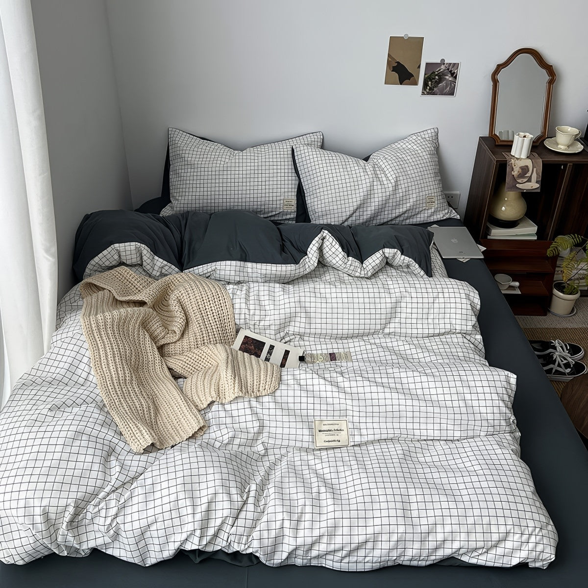 Minimalist White Grid Bedding Set — Soft-Touch Cotton Duvet & Pillowcases — Lifestyle 3