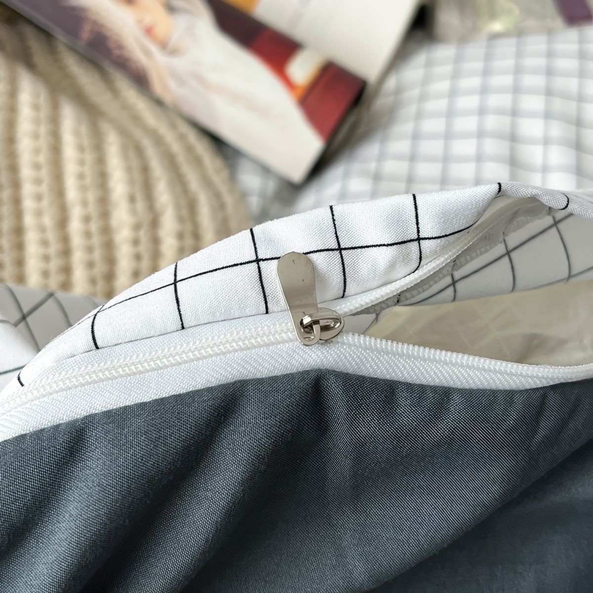 Minimalist White Grid Bedding Set — Soft-Touch Cotton Duvet & Pillowcases — Lifestyle 6