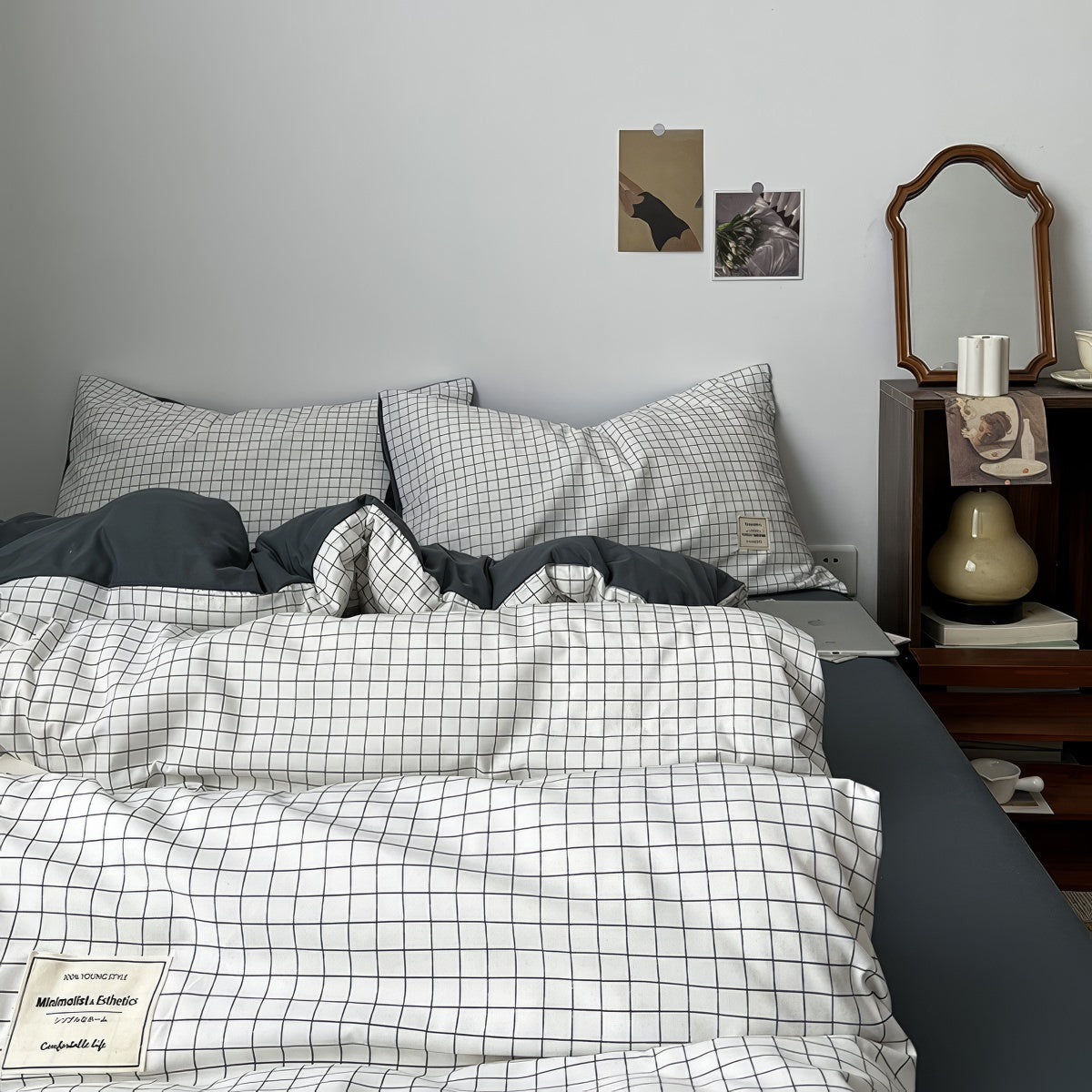 Minimalist White Grid Bedding Set — Soft-Touch Cotton Duvet & Pillowcases — Front view