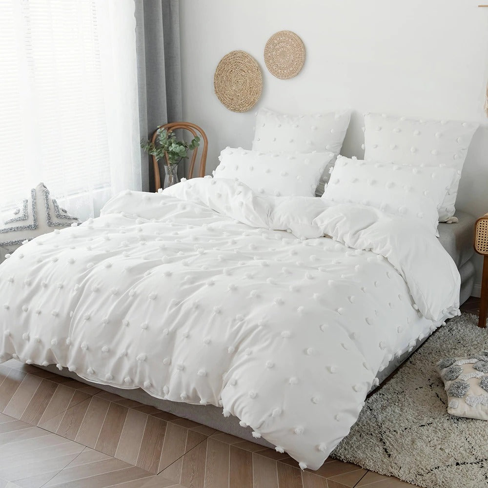 White Pom Pom Bedding Set — Soft-Touch Cotton Duvet & Pillowcases — Lifestyle 2