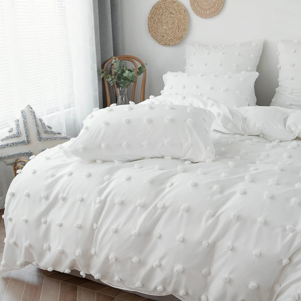 White Pom Pom Bedding Set — Soft-Touch Cotton Duvet & Pillowcases — Lifestyle 3