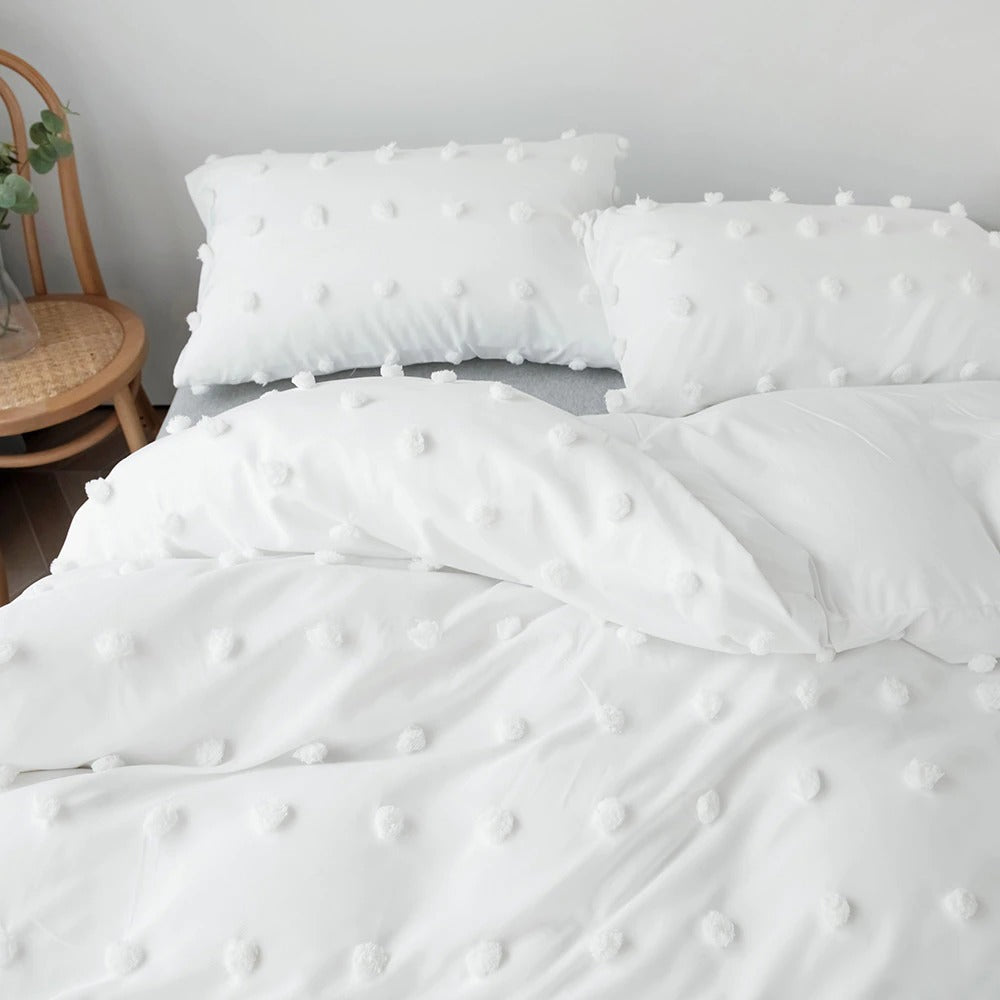 White Pom Pom Bedding Set — Soft-Touch Cotton Duvet & Pillowcases — Lifestyle 1