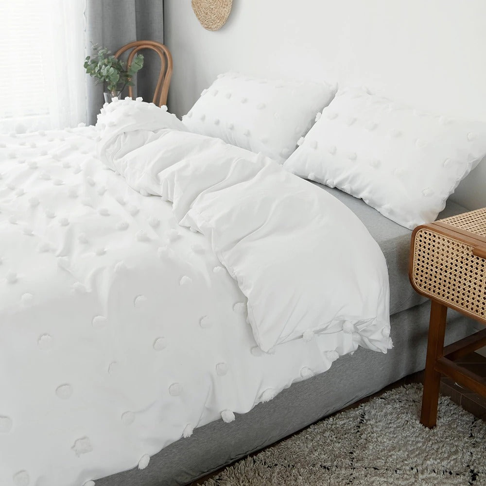 White Pom Pom Bedding Set — Soft-Touch Cotton Duvet & Pillowcases — Lifestyle 5