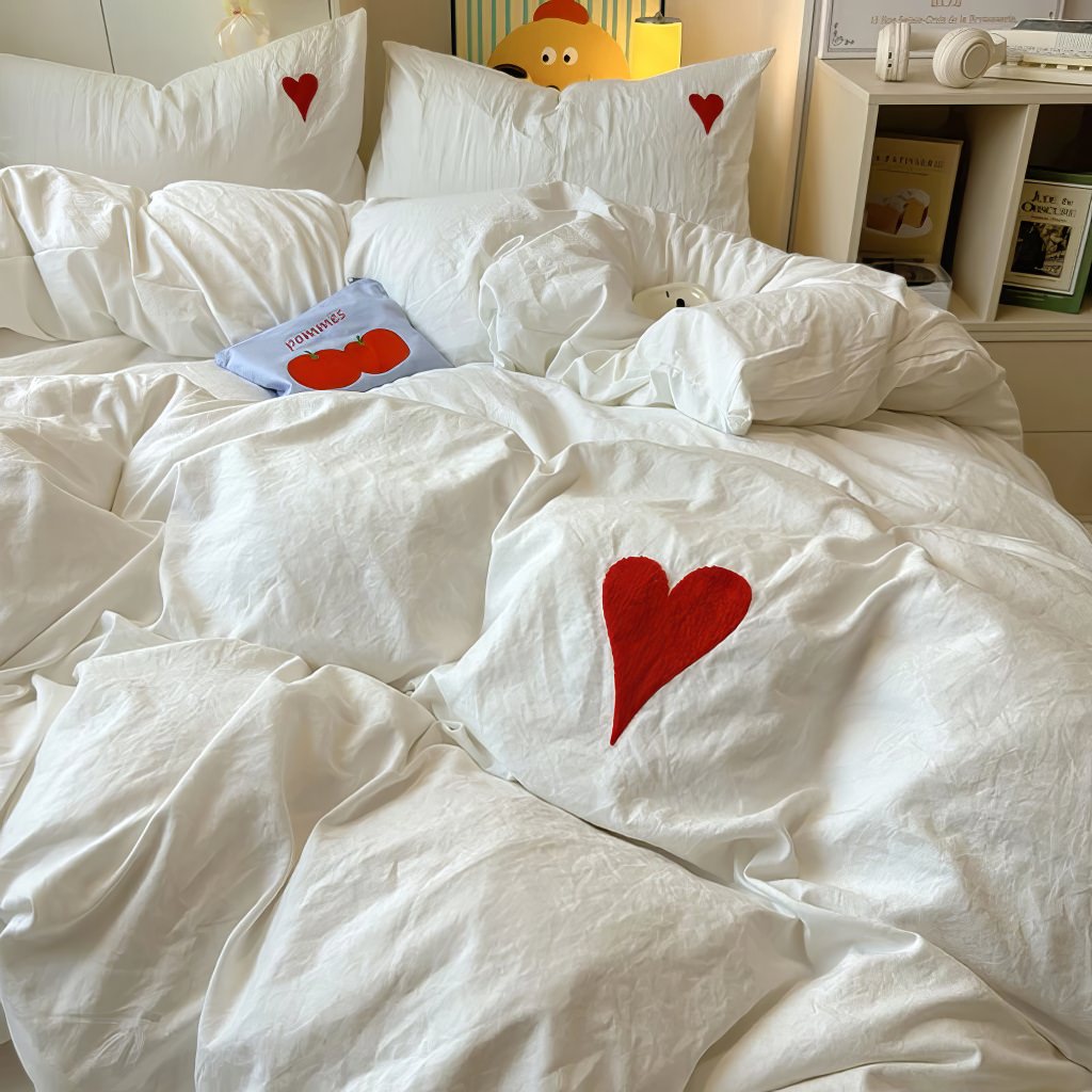 White Washed Cotton Bedding Set With Red Embroidered Heart — Front view