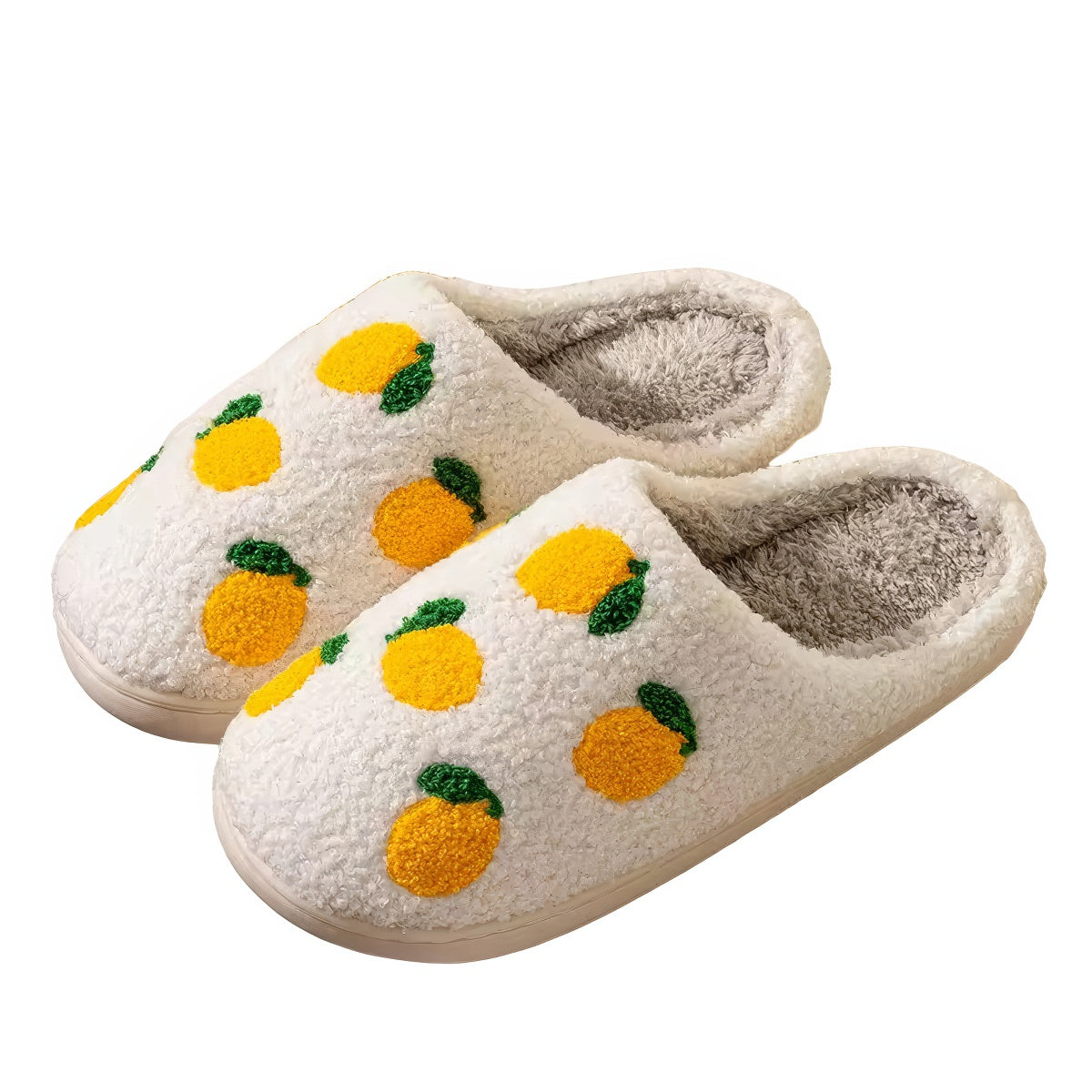 Lemon Print Slippers — Soft Plush House Slippers for Indoor Lounging — Front view
