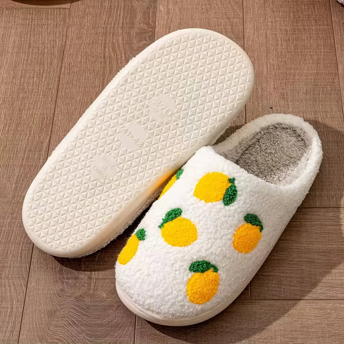 Lemon Print Slippers — Soft Plush House Slippers for Indoor Lounging — Lifestyle 1
