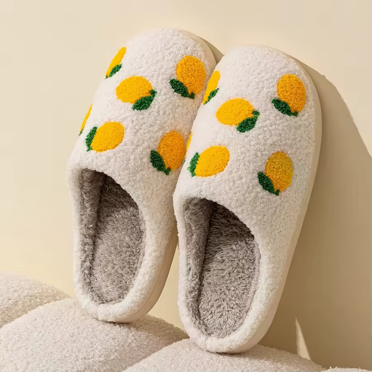 Lemon Print Slippers — Soft Plush House Slippers for Indoor Lounging — Detail