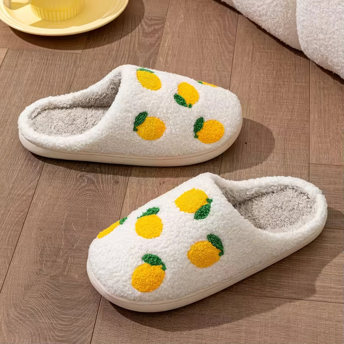 Lemon Print Slippers — Soft Plush House Slippers for Indoor Lounging — Lifestyle 2