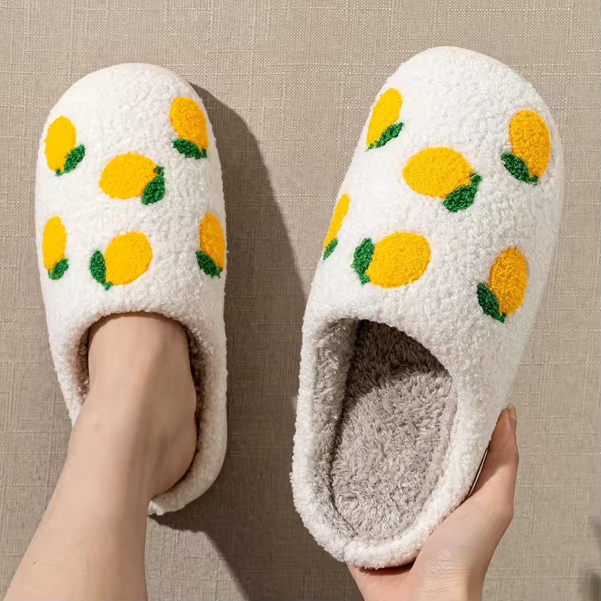 Lemon Print Slippers — Soft Plush House Slippers for Indoor Lounging — Lifestyle 3