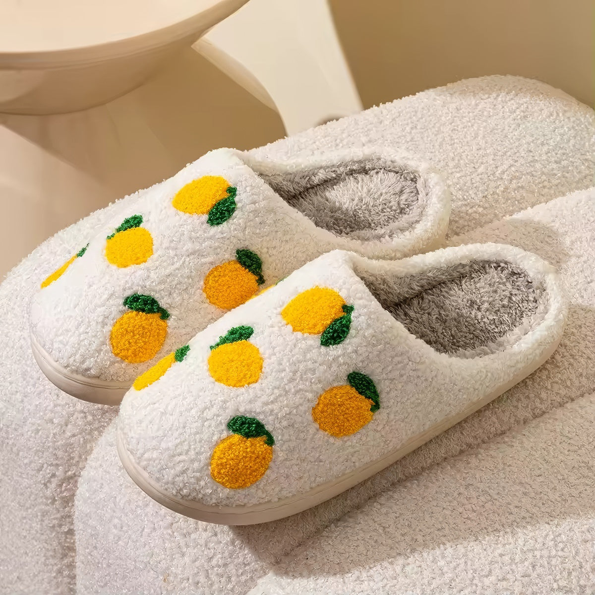 Lemon Print Slippers — Soft Plush House Slippers for Indoor Lounging — Lifestyle 4