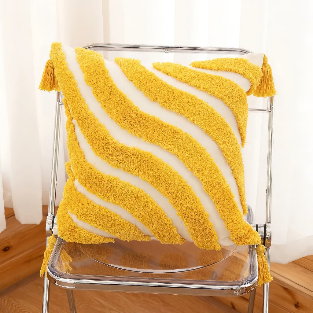 Wavy Yellow Stripes Tufted Cushion Cover — Hand-Tufted Bands for Warm Bedroom Styling — Lifestyle 2
