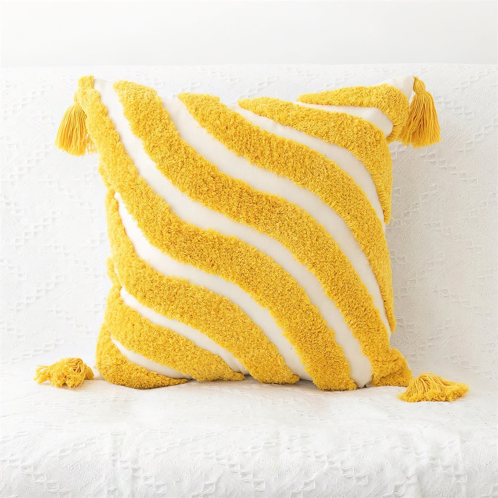 Wavy Yellow Stripes Tufted Cushion Cover — Hand-Tufted Bands for Warm Bedroom Styling — Lifestyle 3