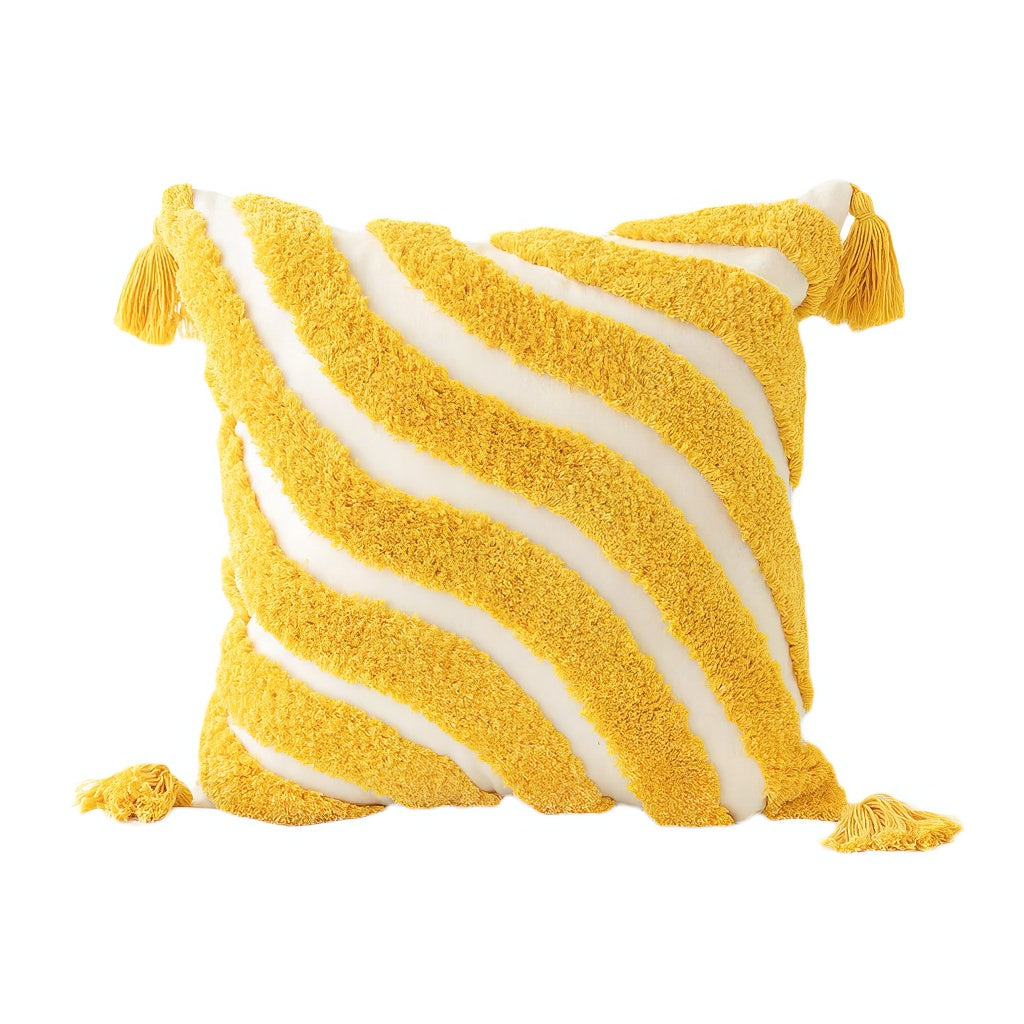 Wavy Yellow Stripes Tufted Cushion Cover — Hand-Tufted Bands for Warm Bedroom Styling — Front view