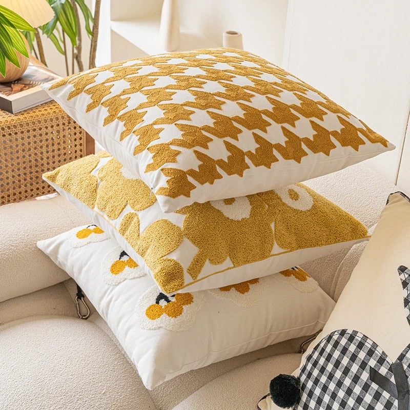 Yellow Embroidered Cushion Cover — Soft Stitched Detail for Warm Bedroom Layering — Lifestyle 1