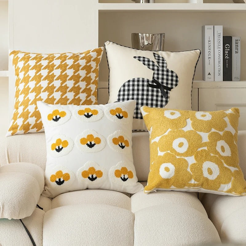 Yellow Embroidered Cushion Cover — Soft Stitched Detail for Warm Bedroom Layering — Lifestyle 2