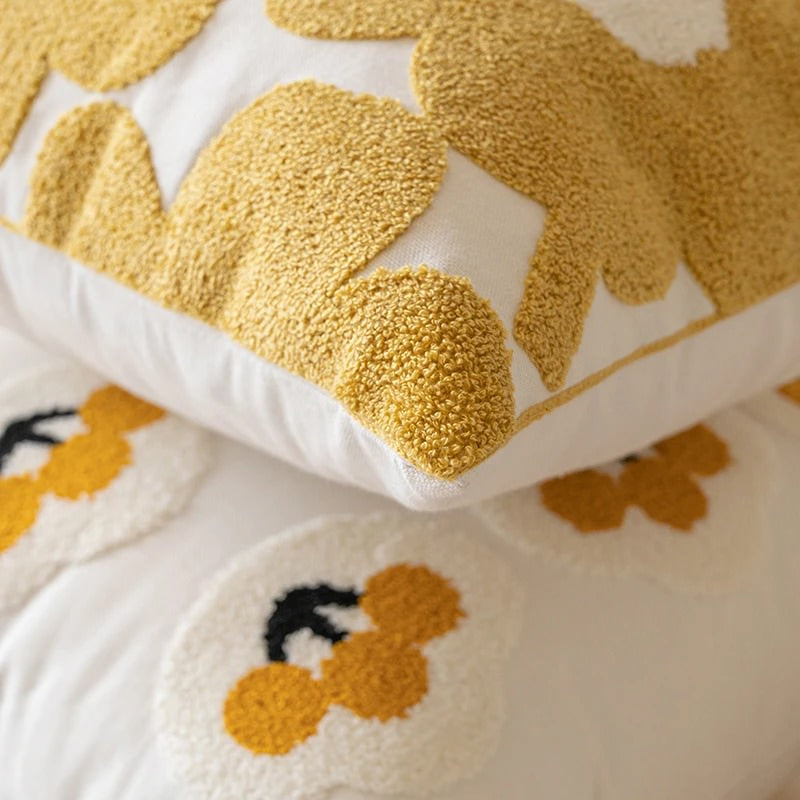 Yellow Embroidered Cushion Cover — Soft Stitched Detail for Warm Bedroom Layering — Detail
