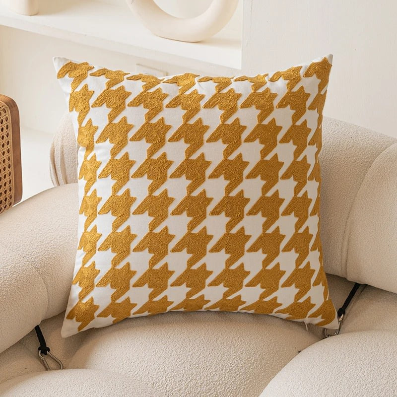 Yellow Embroidered Cushion Cover — Soft Stitched Detail for Warm Bedroom Layering — Lifestyle 3