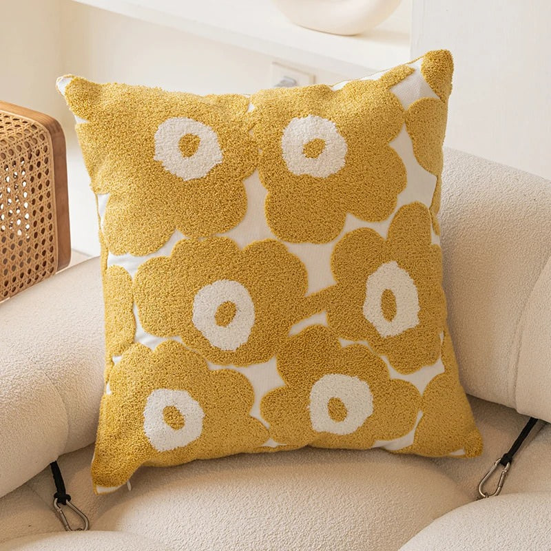 Yellow Themed Embroidered Cushion Cover — Soft Textured Pillow for Bedroom Layering — Lifestyle 5