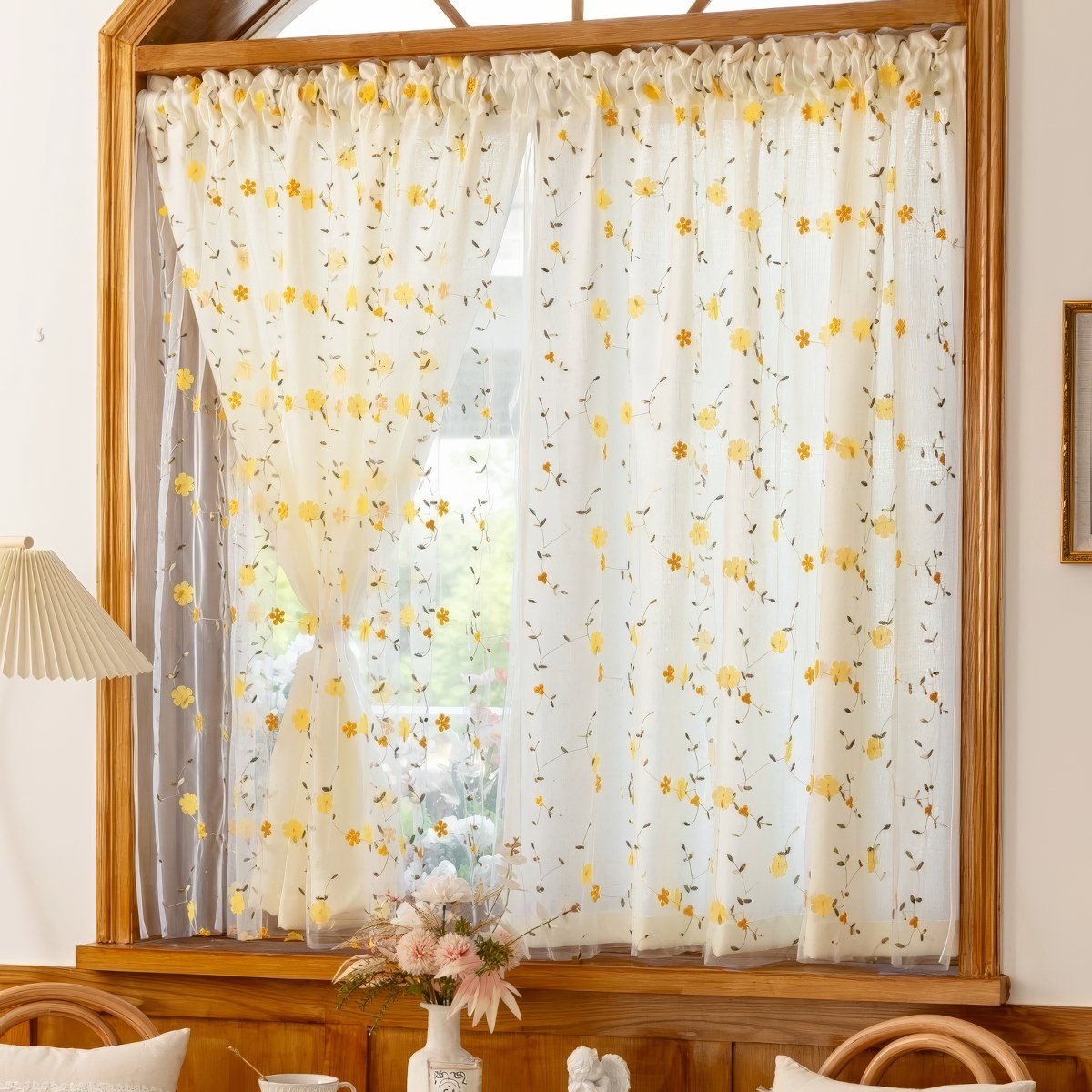 Yellow Wildflower Embroidered Sheer Curtain — Considered Home Styling — Front view